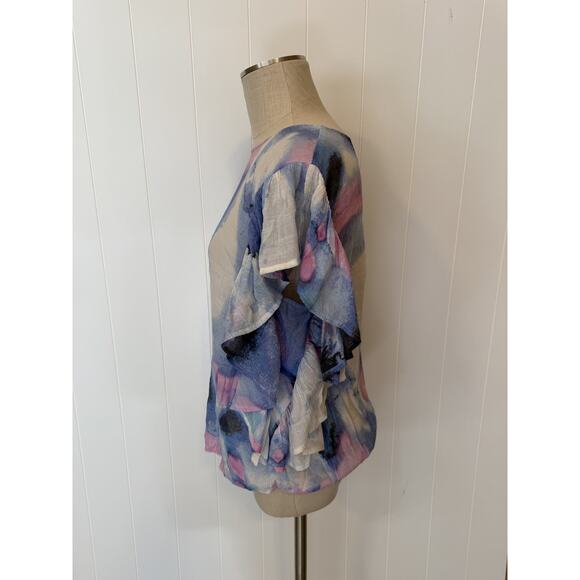 Zac & Rachel Blouse Womens Large Ruffle Sleeve Watercolor Top Lightweight Flowy - Picture 7 of 9